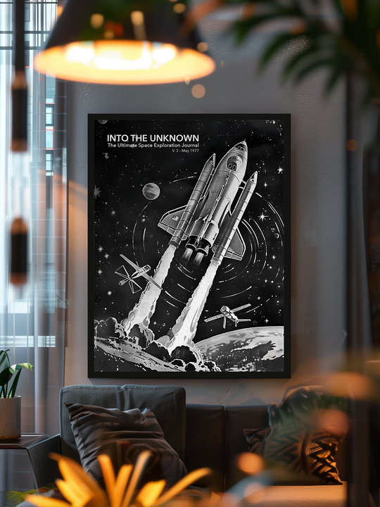 A black and white retro-style poster featuring a space shuttle launch with planets and satellites, titled “Into the Unknown”, displayed in a stylish, cozy living room with soft lighting, plants, and a modern couch.