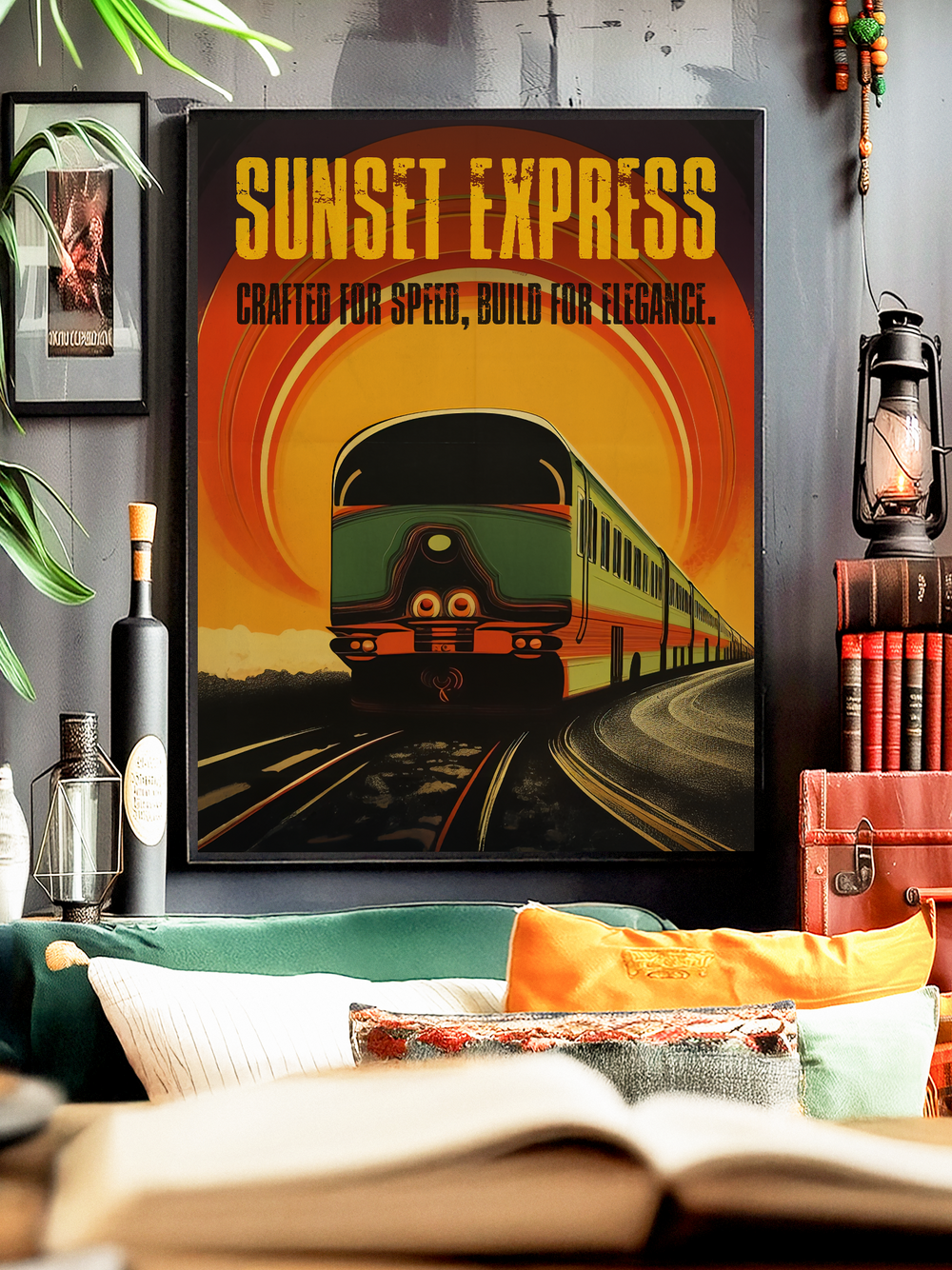 Vintage-style poster of a green and black train speeding toward the viewer with a bold orange and yellow sunset background, reading “Sunset Express Crafted for Speed, Build for Elegance.” Displayed above a cozy reading corner with green and yellow pillows, books, and warm decorative elements.