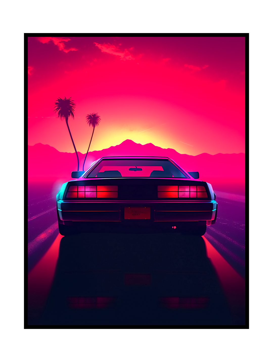 Vibrant retro-futuristic illustration showing the rear view of a classic car driving toward a glowing neon sunset, framed by palm trees and distant mountains. Bold pink, purple, and orange tones create a nostalgic synthwave atmosphere inspired by 1980s aesthetics and cinematic night drives.