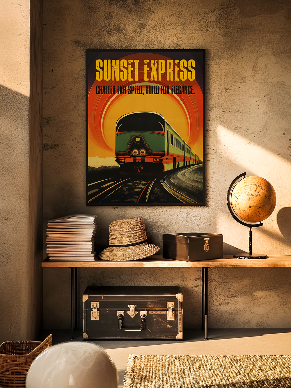 A retro-style travel poster featuring a vintage train titled “Sunset Express” hangs on a textured wall in a warm, explorer-themed room. The setup includes a wooden shelf with a globe, travel cases, a straw hat, and a stack of magazines, creating a cozy, nostalgic atmosphere that evokes a love for travel and adventure.