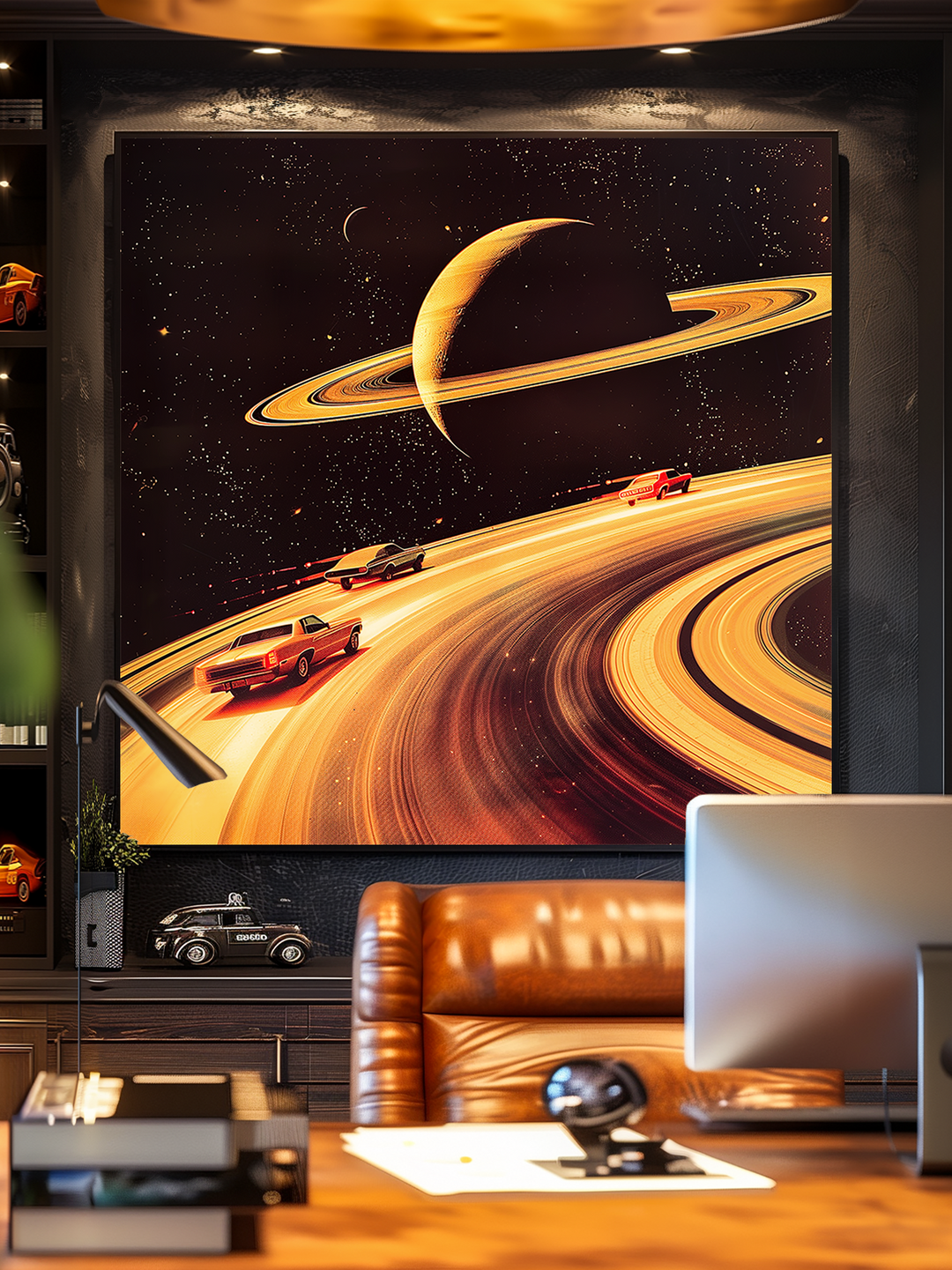 A striking retrofuturistic wall art poster showing classic cars racing along Saturn’s glowing rings, set against a star-filled cosmic sky. Displayed in a stylish vintage office with a leather chair, desk, plants, bookshelves and model cars, this design combines automotive culture with sci-fi fantasy, making it ideal for collectors, car lovers and space art fans.