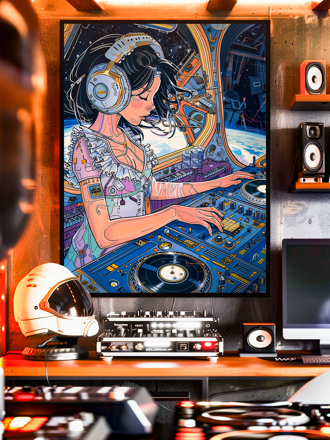 A vibrant futuristic wall art poster featuring a female DJ mixing music in a cosmic spaceship, displayed in a stylish music studio interior with vinyl players, an astronaut helmet, speakers, warm lighting and creative decor. Perfect for DJs, producers and sci-fi art enthusiasts looking for unique wall art.