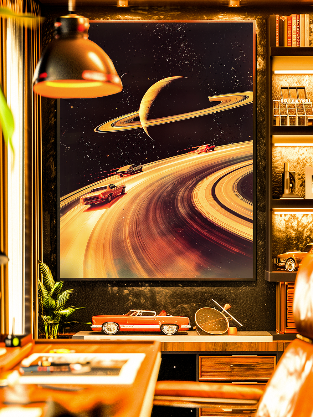 A retrofuturistic wall art poster showing classic cars racing on the glowing rings of Saturn under a cosmic sky full of stars. Displayed in a cozy vintage study with wooden furniture, bookshelf, model cars, plants and warm ambient lighting, this artwork blends automotive nostalgia with sci-fi imagination.
