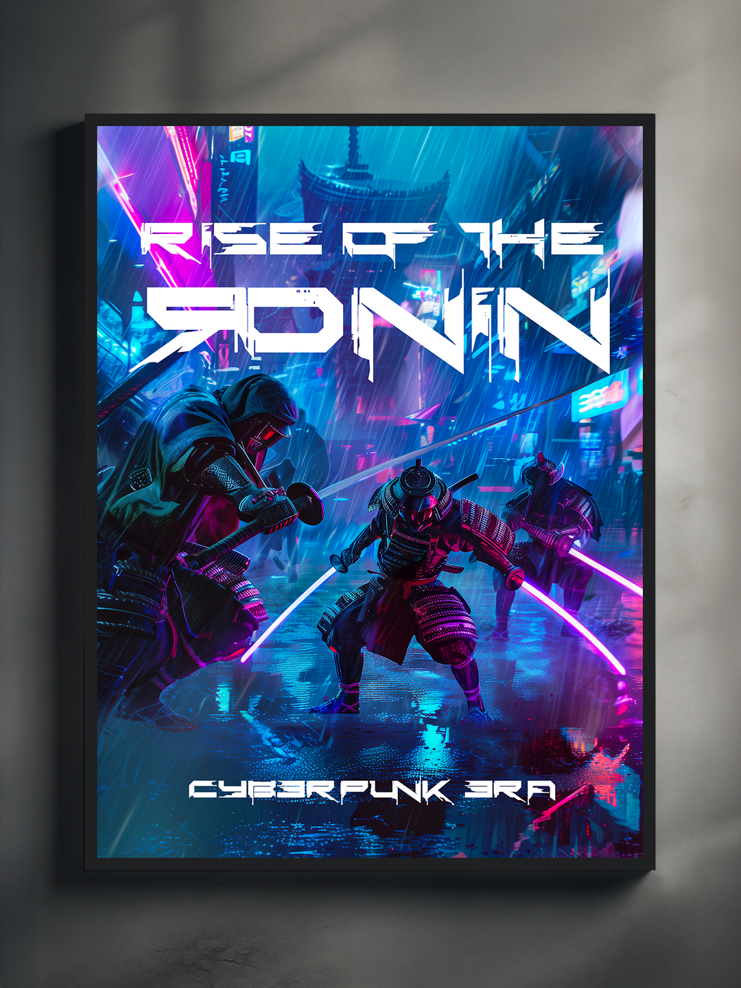Futuristic cyberpunk poster featuring samurai warriors with glowing swords, framed in black and mounted on a light wall under soft ambient lighting.