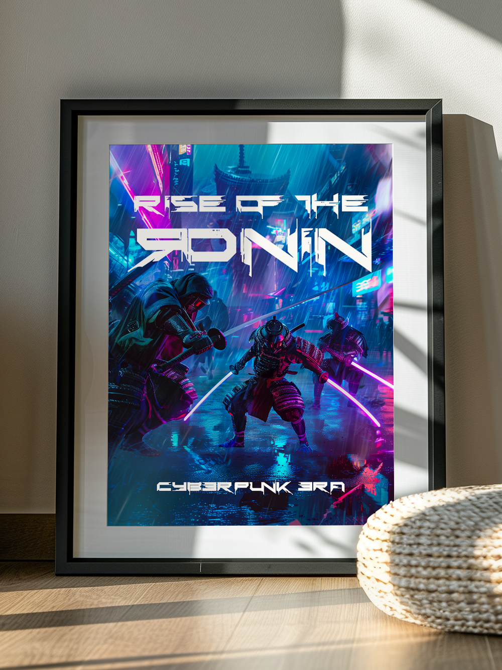 Poster featuring cyberpunk samurai warriors in a neon city, displayed in a sleek black frame with natural sunlight casting shadows across the wall and floor.