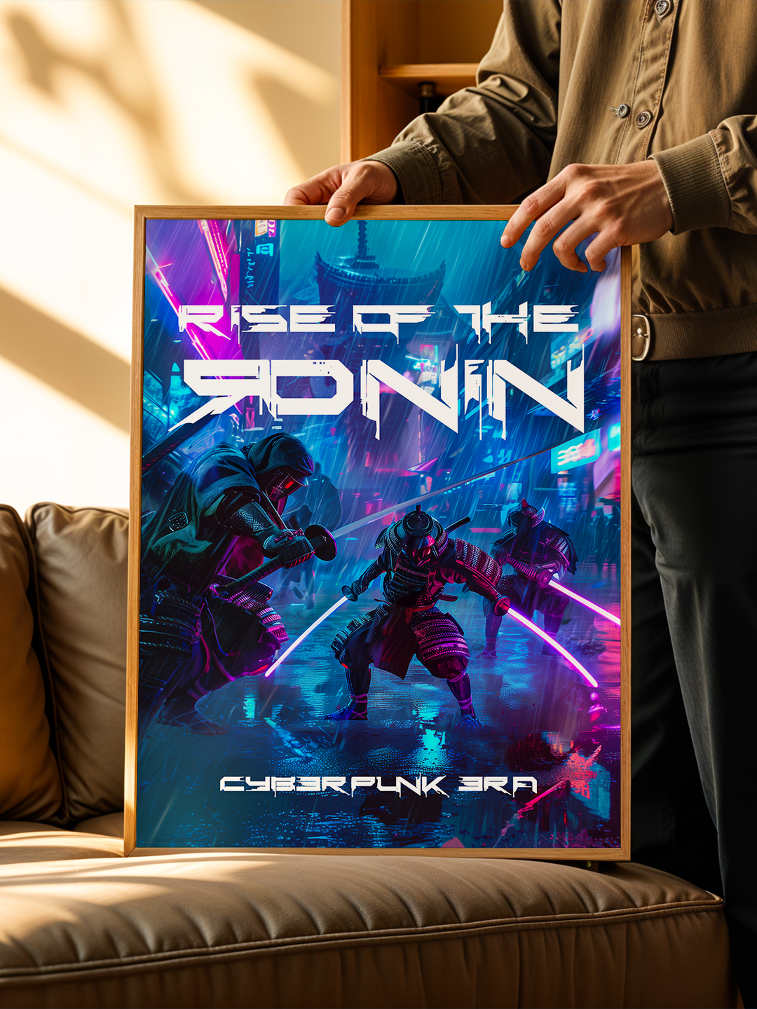 Vibrant cyberpunk poster with futuristic samurai warriors, framed in wood and held by a person standing next to a leather couch in a sunlit modern living room.