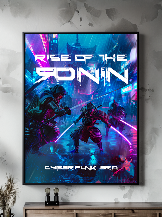 Futuristic poster featuring armored samurai warriors in a neon-lit cyberpunk cityscape, with vibrant colors and dynamic sword fighting poses.