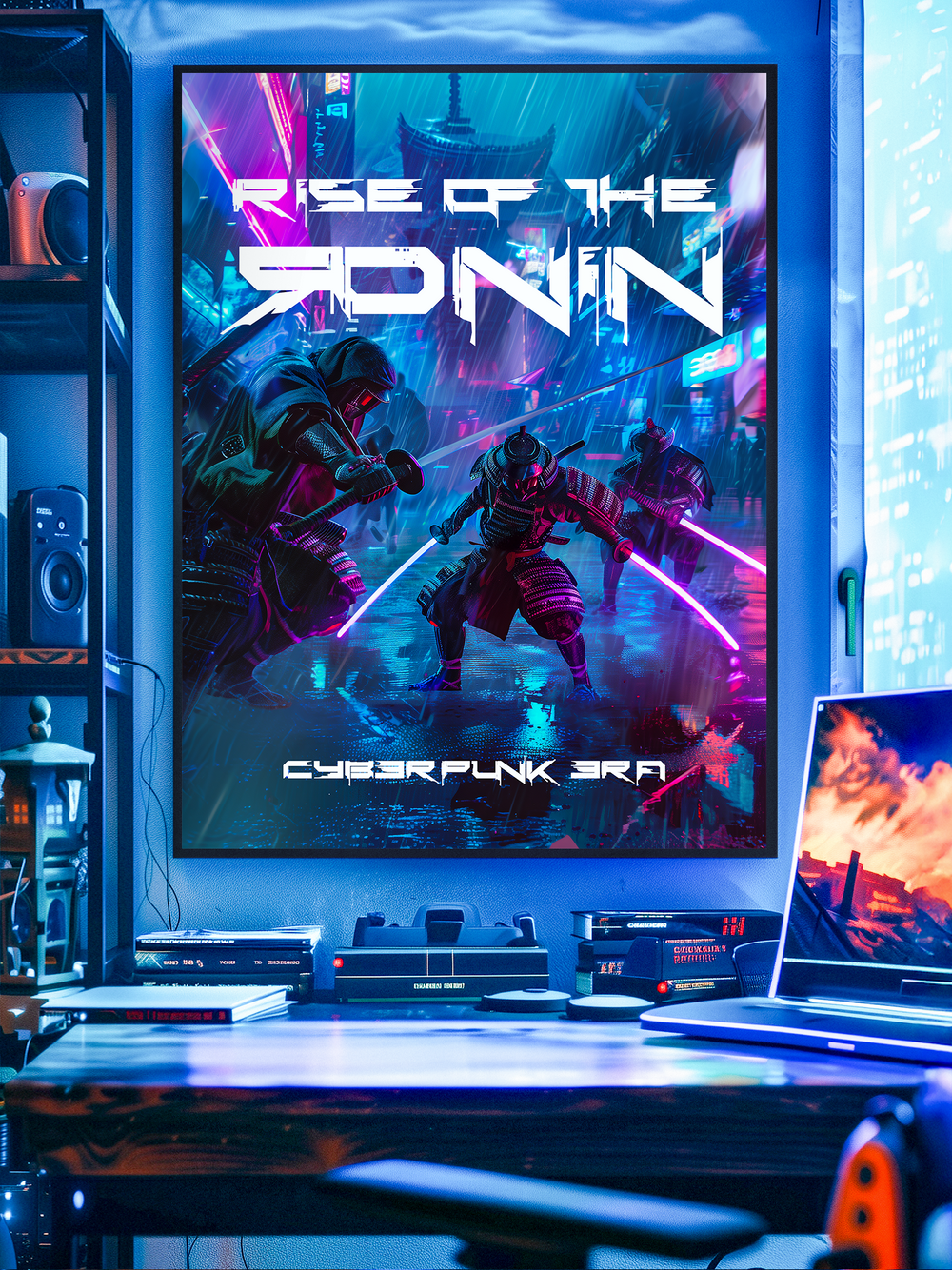 Futuristic cyberpunk poster artwork featuring armored samurai warriors with glowing katanas in a neon-lit cityscape. The design blends Japanese tradition with sci-fi aesthetics, showcasing a dramatic dystopian battle scene under vibrant neon lights. Perfect for fans of cyberpunk, samurai culture, and futuristic wall art.