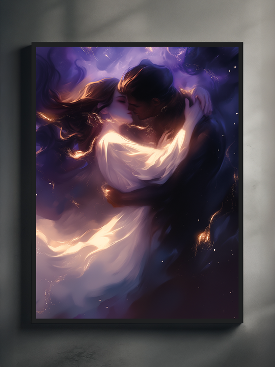 Soft surreal wall art showing a couple embracing and kissing in glowing purple clouds and starlight, creating a dreamy celestial romance atmosphere.