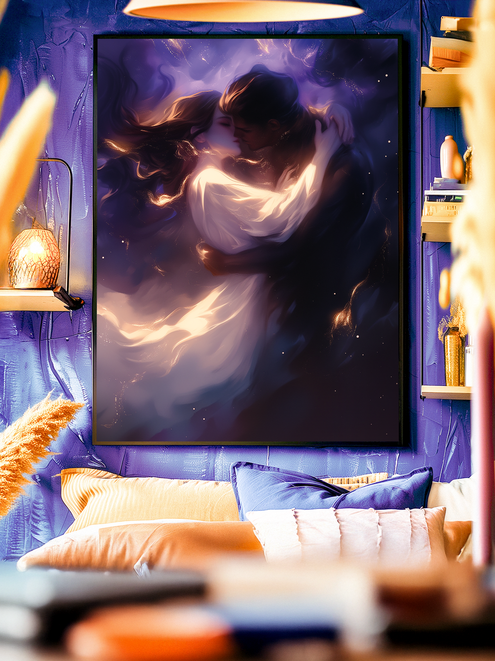Romantic cosmic lovers poster featuring a couple embracing in a glowing purple galaxy, dreamy abstract wall art perfect for modern bedroom and living room decor.