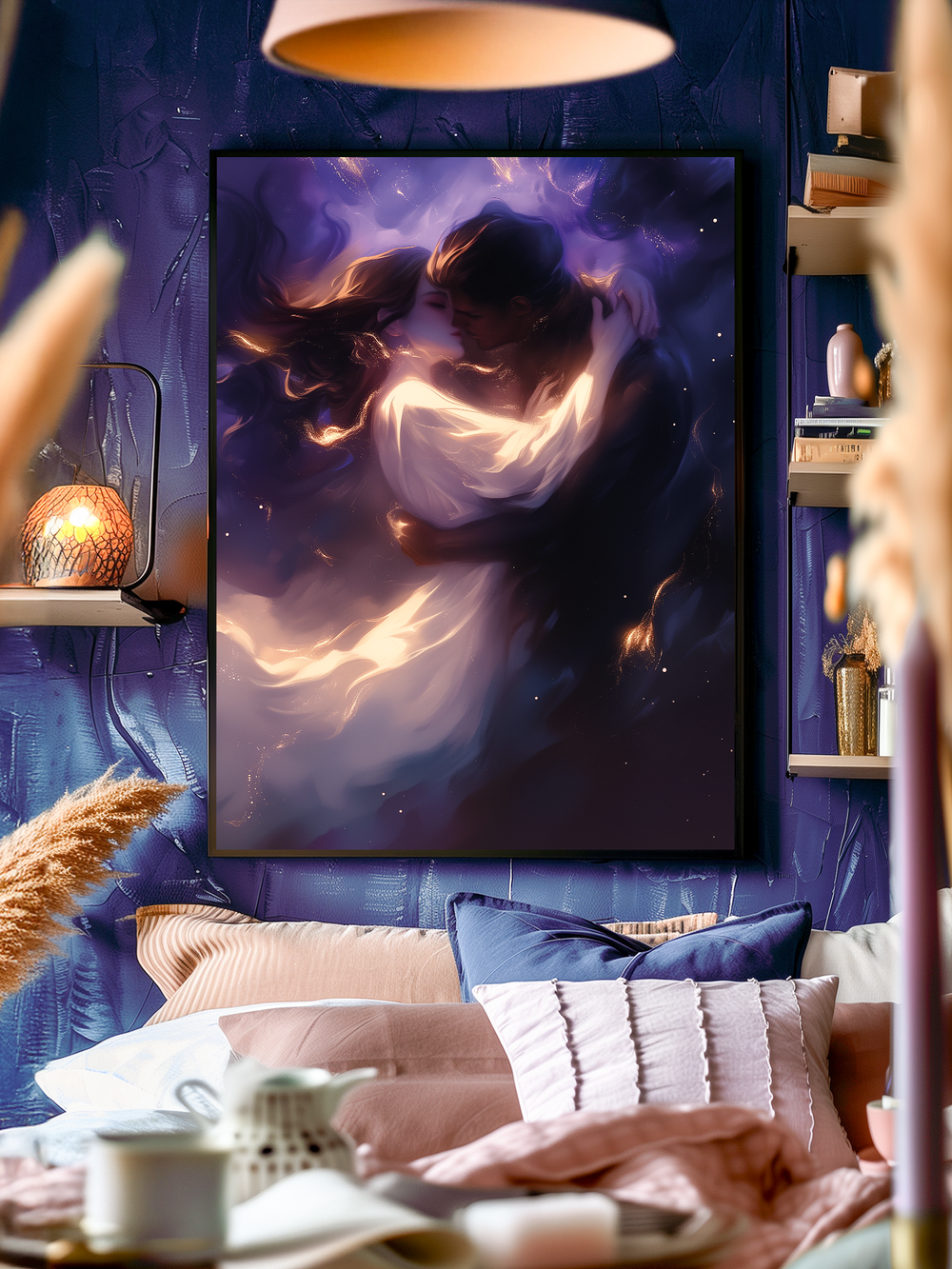 Framed poster of a couple embracing in a glowing purple galaxy, hanging on a dark violet textured wall in a softly lit, feminine bedroom. The artwork is the clear focal point of the space, surrounded by cozy textiles, warm lighting, and elegant decor. The foreground features blurred objects, adding depth and a sense of intimacy to the room.