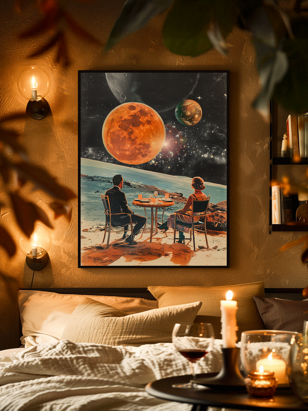 Frontal view of a warmly lit bedroom with a surreal space-themed poster showing a couple dining on another planet. The poster is centered above the bed, framed in black and surrounded by textured golden walls, ambient wall lights, wine glasses, and glowing candles on a nearby table, creating an intimate and cinematic date-night atmosphere.