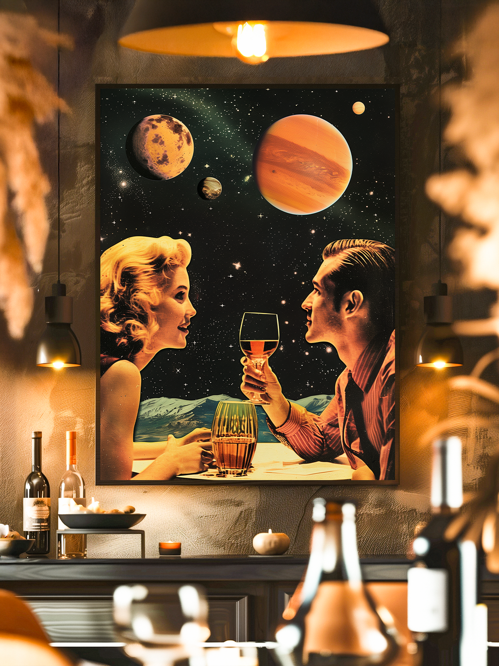 A framed poster of a retro-style couple toasting wine under a surreal space sky with planets, perfectly integrated into a warm, dimly lit bar setting with bottles and glasses in the foreground.