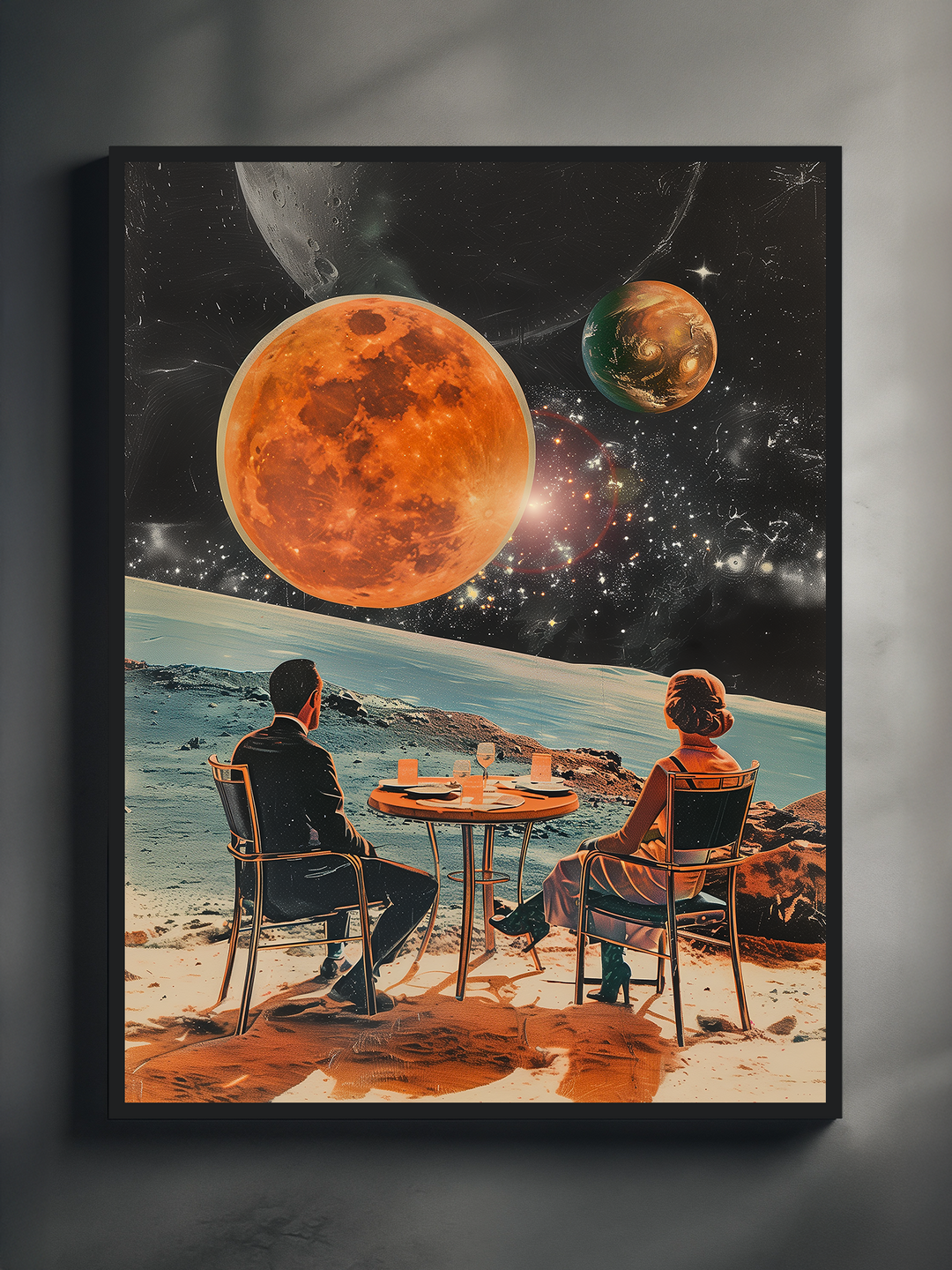A surreal sci-fi artwork of a couple dining by the ocean on an alien planet, with giant planets and stars filling the cosmic sky above. The man and woman sit at a round table, framed in a modern black frame, evoking a dreamy retrofuturistic atmosphere.