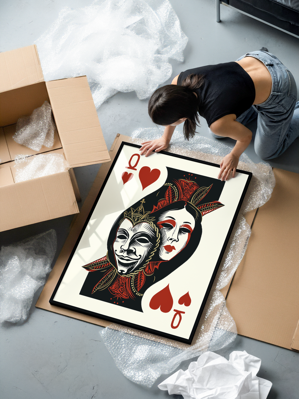 A bold playing-card-inspired artwork featuring a Queen of Hearts design with two theatrical masks, one smiling and one solemn. The minimalist composition uses strong black, red, and cream tones with intricate ornamental details, creating a striking, dramatic poster. Printed on museum-grade 200 gsm matte paper and displayed in a sleek black aluminum frame with shatterproof plexiglass for a premium finish.