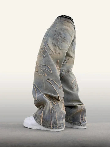 Distressed Patch Baggy Jeans