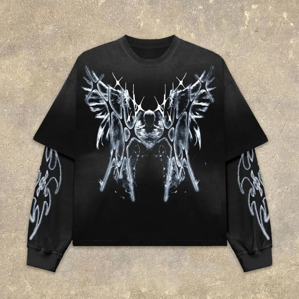 High Street Graphic Fake Two-Piece Long Sleeve T-Shirt Men Women Streetwear 'What It Means to Dream' Print Oversized Casual Top