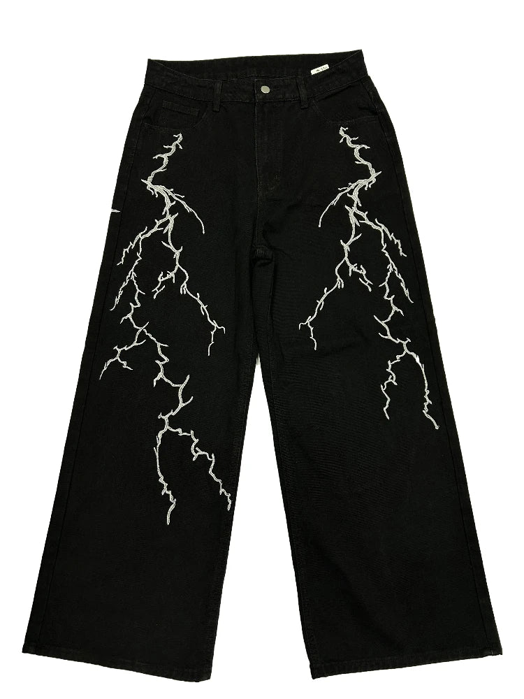 AconaStudio Lightning Baggy Denim Jeans – black, wide-leg silhouette