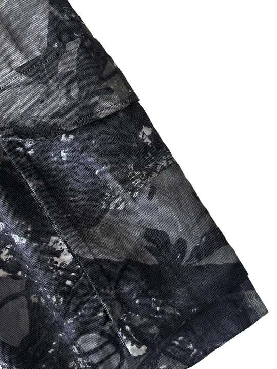 AconaStudio Distressed Cargo Shorts – wide-leg, washed graphic finish