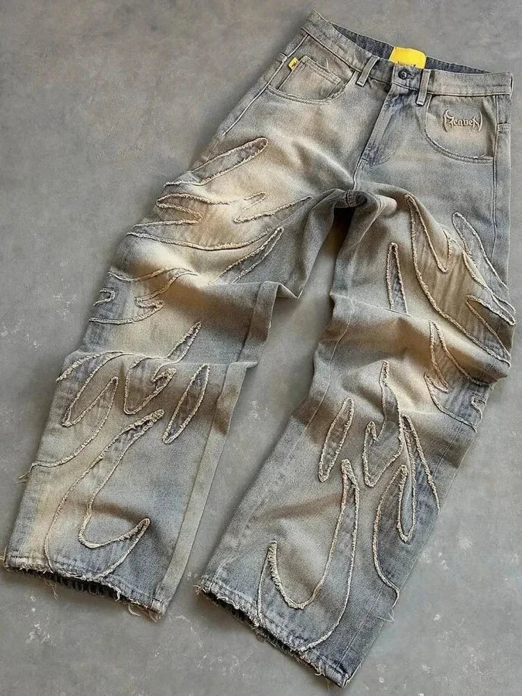 2024 American New Fashion Patch Baggy Casual Jeans for Men and Women Y2K High Street Harajuku High Waist Wide Leg Denim Trousers