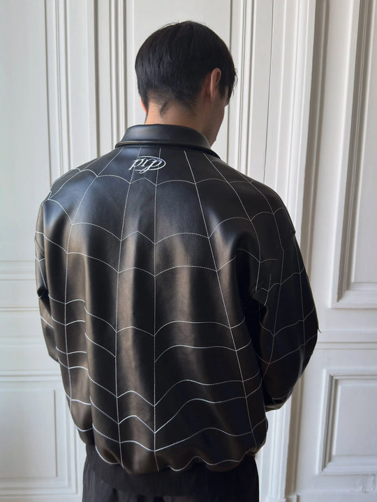 Y2K American Vintage Fashion Spider Patchwork PU Leather Jacket Loose Zipper Jacket Men All Embroidered Lapel Jacket Denim Coat