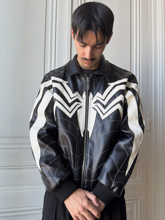 Y2K American Vintage Fashion Spider Patchwork PU Leather Jacket Loose Zipper Jacket Men All Embroidered Lapel Jacket Denim Coat