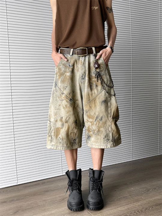 Trendy Streetwear Washed Denim Cropped Pants for Men and Women Summer American Retro Wide Leg Baggy Jeans for Men