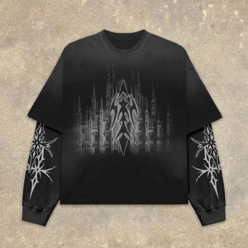 High Street Graphic Fake Two-Piece Long Sleeve T-Shirt Men Women Streetwear 'What It Means to Dream' Print Oversized Casual Top