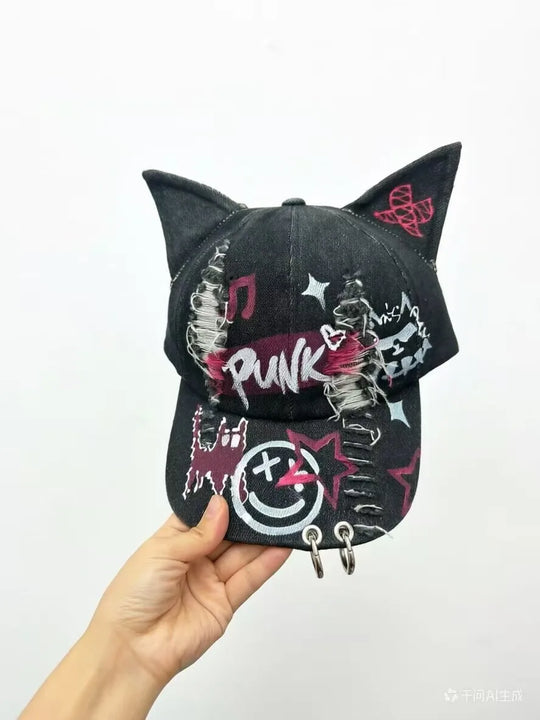 Celebrity-Inspired Niche Rabbit Ear Denim Ripped Baseball Cap Washed Graffiti Hip-Hop Sun Hat Trendy Cap