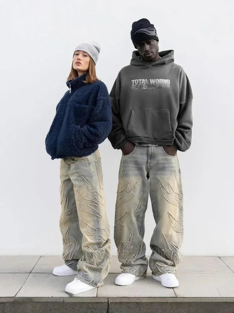 2024 American New Fashion Patch Baggy Casual Jeans for Men and Women Y2K High Street Harajuku High Waist Wide Leg Denim Trousers