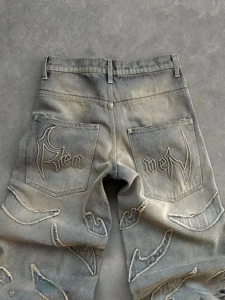 2024 American New Fashion Patch Baggy Casual Jeans for Men and Women Y2K High Street Harajuku High Waist Wide Leg Denim Trousers