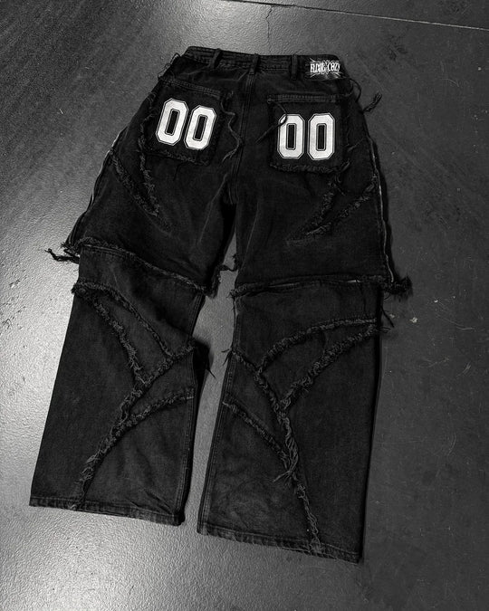 Elixir X Cozy Detachable Jeans Retro Punk Streetwear Ziipper Patchwork Stripe Denim Pants Men Black Baggy Hip Hop Splicing Jeans
