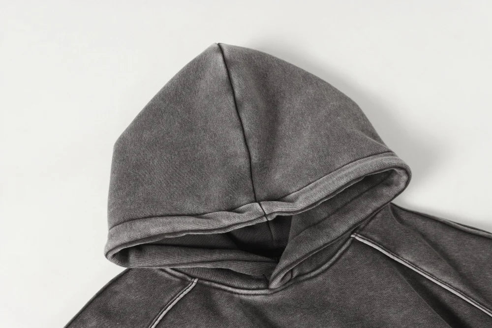 AconaStudio Layered Distressed Hoodie – heavyweight, washed finish