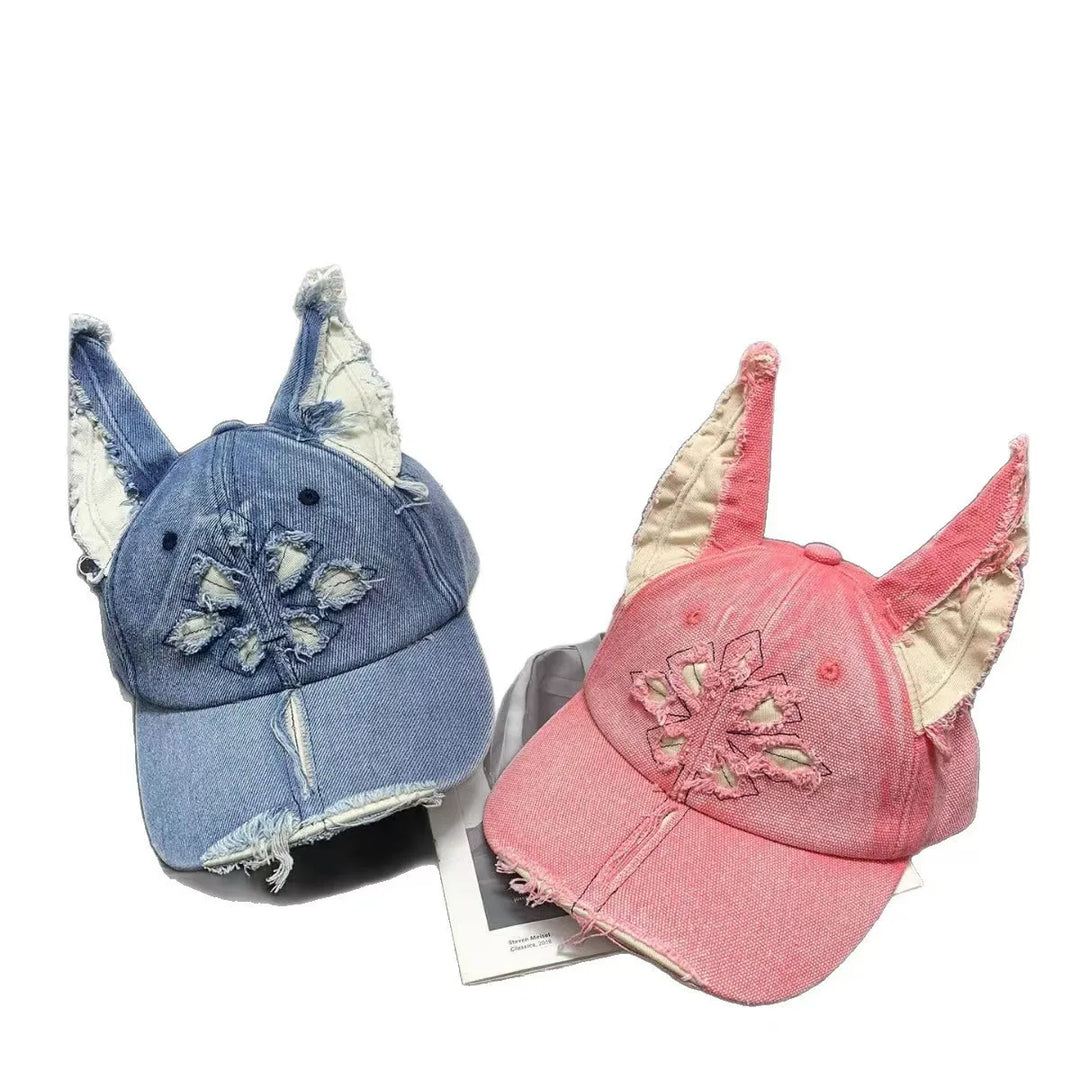 Washed Denim Baseball Cap, Doberman Style, Frayed Edges, Distressed Details, Oversized Hat, Unisex