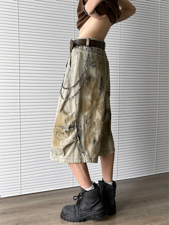 Trendy Streetwear Washed Denim Cropped Pants for Men and Women Summer American Retro Wide Leg Baggy Jeans for Men
