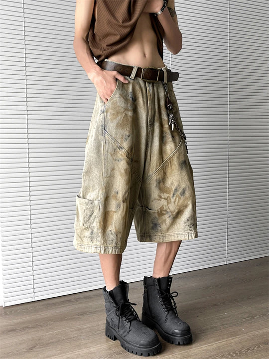 Trendy Streetwear Washed Denim Cropped Pants for Men and Women Summer American Retro Wide Leg Baggy Jeans for Men