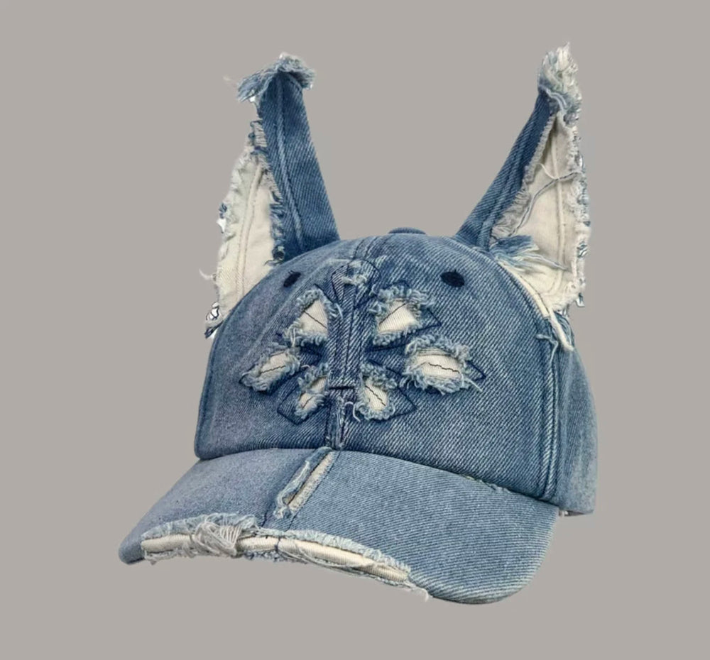 Washed Denim Baseball Cap, Doberman Style, Frayed Edges, Distressed Details, Oversized Hat, Unisex