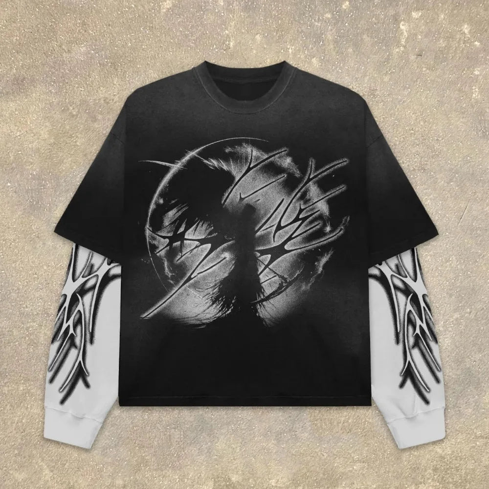 High Street Graphic Fake Two-Piece Long Sleeve T-Shirt Men Women Streetwear 'What It Means to Dream' Print Oversized Casual Top