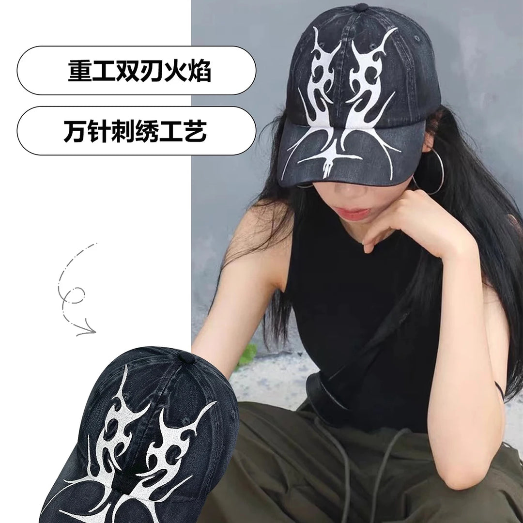American Embroidered Flame Double-Edged Blade Baseball Hats New Men Women Sunshade Personal Versatile Niche Fashion Peaked Caps