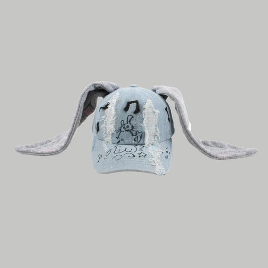 Celebrity-Inspired Niche Rabbit Ear Denim Ripped Baseball Cap Washed Graffiti Hip-Hop Sun Hat Trendy Cap