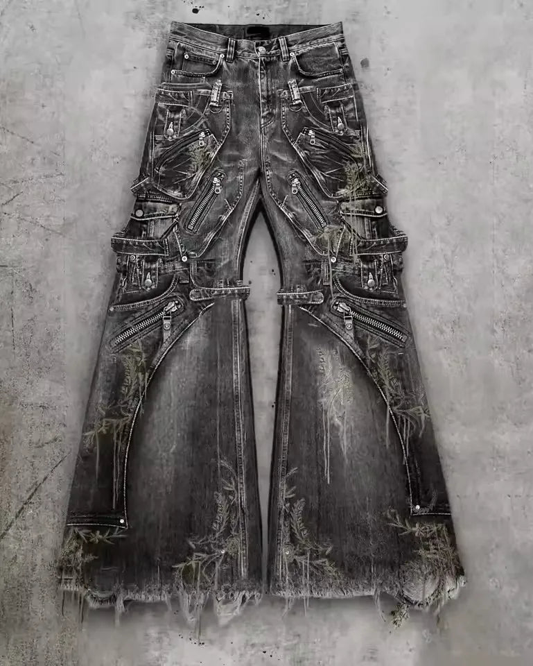 Retro Washed Black Work Pants for Men, Y2K Multi Pocket Zipper, Thick Floral Embroidery, Wide Leg Denim Pants, Street Wear