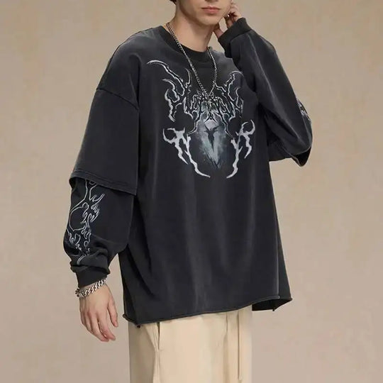 2025 Spring New American Vintage Fake Two Piece Printting Long Sleeve T-Shirts Men'S High Street Loose Causal Pullover Top
