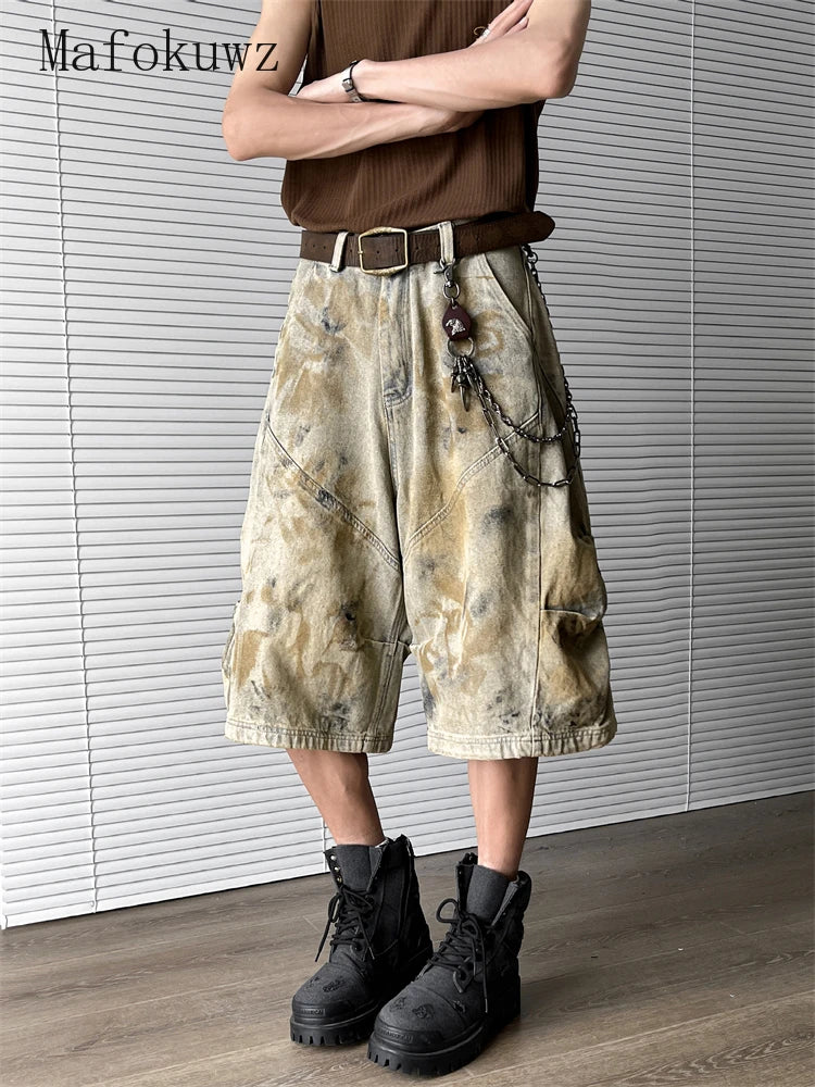 Trendy Streetwear Washed Denim Cropped Pants for Men and Women Summer American Retro Wide Leg Baggy Jeans for Men