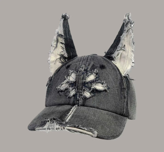 Washed Denim Baseball Cap, Doberman Style, Frayed Edges, Distressed Details, Oversized Hat, Unisex