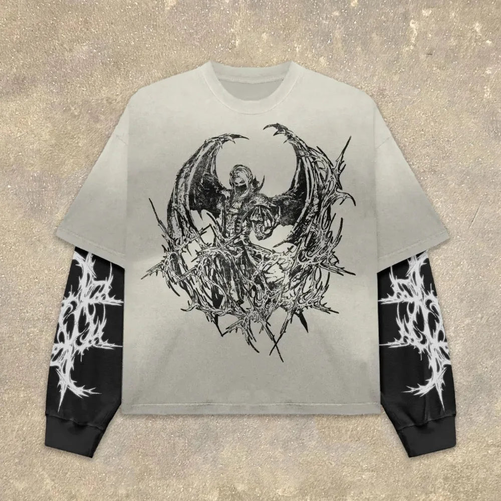 High Street Graphic Fake Two-Piece Long Sleeve T-Shirt Men Women Streetwear 'What It Means to Dream' Print Oversized Casual Top