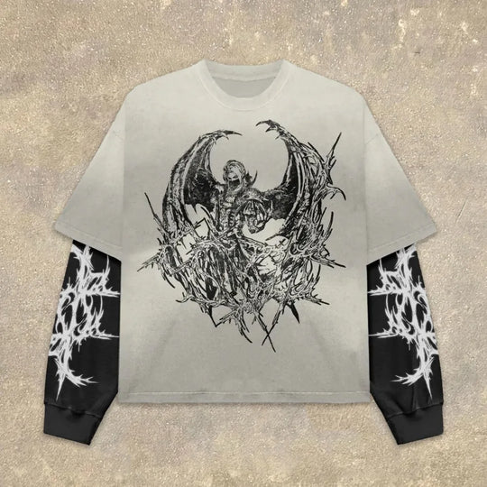 High Street Graphic Fake Two-Piece Long Sleeve T-Shirt Men Women Streetwear 'What It Means to Dream' Print Oversized Casual Top