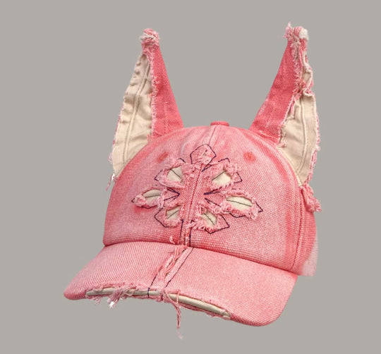 Washed Denim Baseball Cap, Doberman Style, Frayed Edges, Distressed Details, Oversized Hat, Unisex