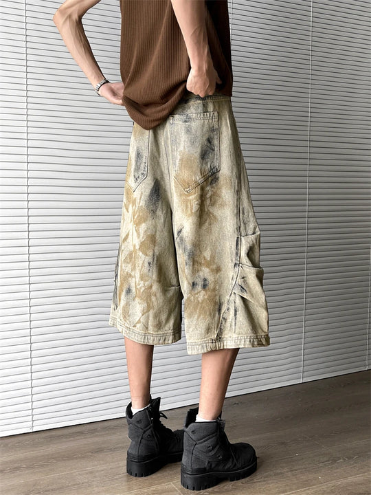 Trendy Streetwear Washed Denim Cropped Pants for Men and Women Summer American Retro Wide Leg Baggy Jeans for Men