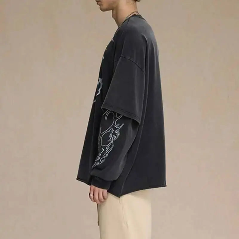 2025 Spring New American Vintage Fake Two Piece Printting Long Sleeve T-Shirts Men'S High Street Loose Causal Pullover Top