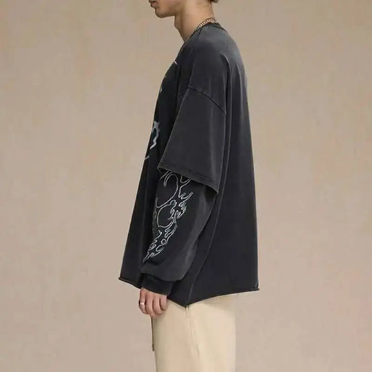 2025 Spring New American Vintage Fake Two Piece Printting Long Sleeve T-Shirts Men'S High Street Loose Causal Pullover Top
